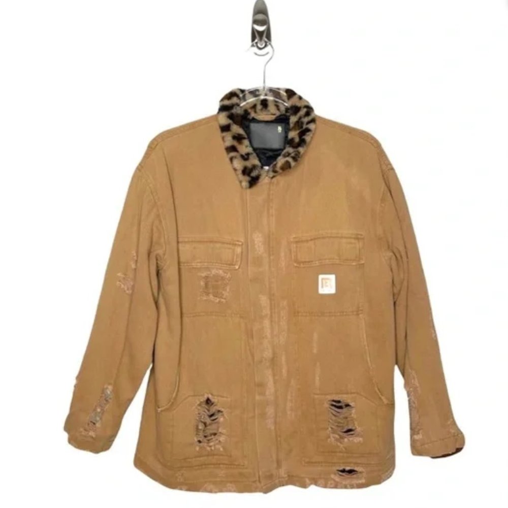 ISO - R13 | Leopard Print Collar Carhartt Style Distressed Jacket In Brown